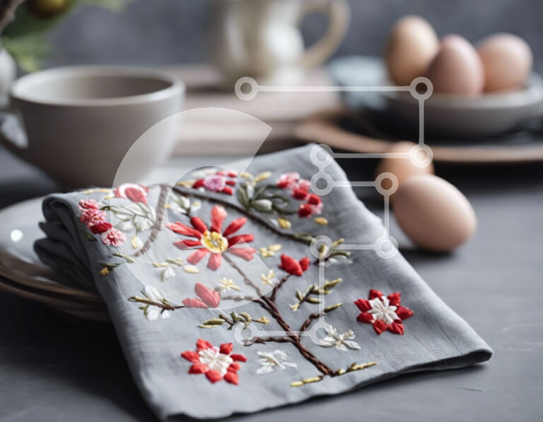 Σετ των 2 Intra Συλλεκτικό Ξύλινο Παζλ Plywood  4mm - Γκρι υφασμάτινη χαρτοπετσέτα με κεντημένο λουλουδάτο σχέδιο στο τραπέζι Σε Ξύλινο Κουτί - Διαστάσεις: 10x10 cm – 25 κομμάτια