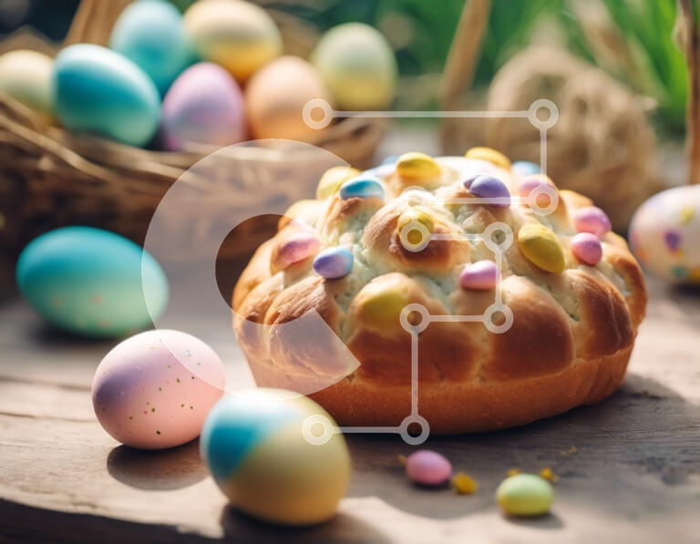 Intra Συλλεκτικό Ξύλινο Παζλ Plywood  4mm - Πασχαλινή γιορτή με πολύχρωμα αυγά και ψωμί Σε Ξύλινο Κουτί - Διαστάσεις: 10x10 cm – 25 κομμάτια