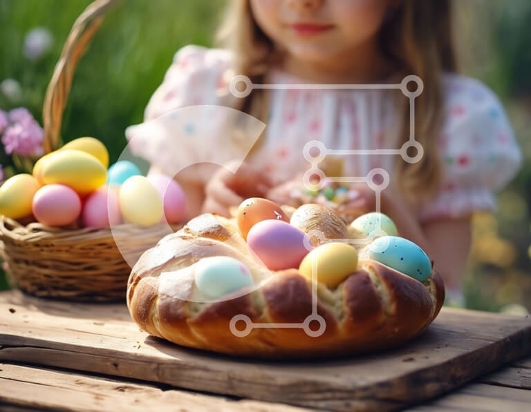 Intra Συλλεκτικό Ξύλινο Παζλ Plywood  4mm - Νεαρό κορίτσι με πολύχρωμα Πασχαλινά αυγά και φρέσκο ​​ψωμί Σε Ξύλινο Κουτί - Διαστάσεις: 10x10 cm – 25 κομμάτια