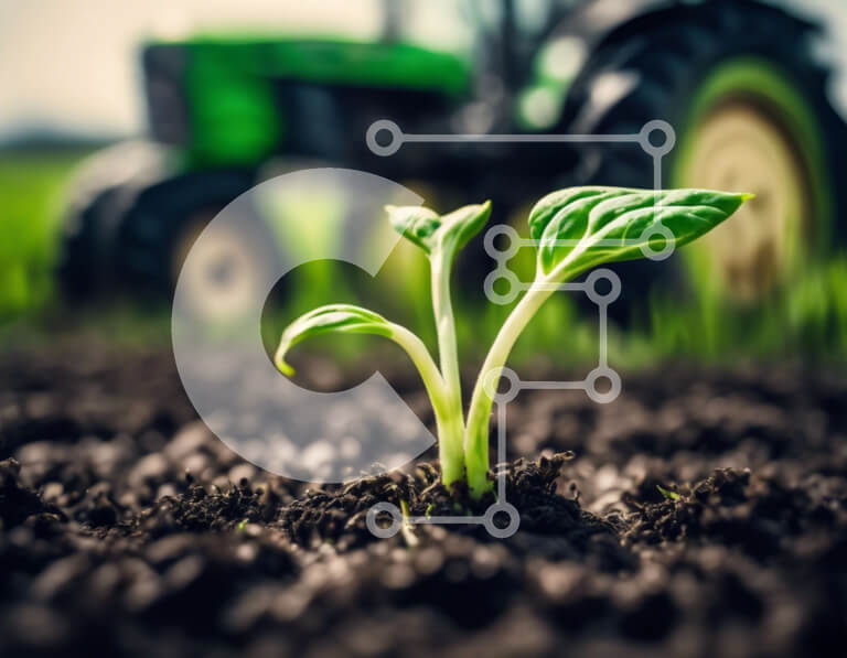 Intra Συλλεκτικό Ξύλινο Παζλ Plywood  4mm - Νεαρό φυτό που βλασταίνει μπροστά από το γεωργικό τρακτέρ Σε Ξύλινο Κουτί - Διαστάσεις: 10x10 cm – 25 κομμάτια