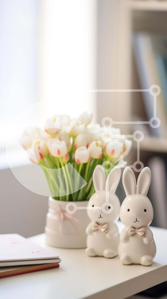 Intra Συλλεκτικό Ξύλινο Παζλ Plywood  4mm - Άσπρα ειδώλια και τουλίπες λαγουδάκι σε ένα τραπέζι Σε Ξύλινο Κουτί - Διαστάσεις Puzzle: 10x10 cm – 25 κομμάτια