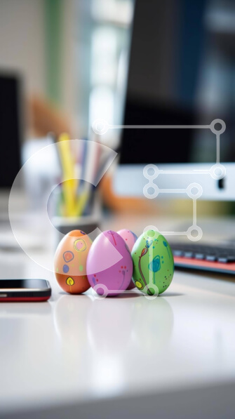 Intra Συλλεκτικό Ξύλινο Παζλ Plywood  4mm - Πολύχρωμα Πασχαλινά αυγά και κινητό τηλέφωνο στο λευκό τραπέζι Σε Ξύλινο Κουτί - Διαστάσεις: 10x10 cm – 25 κομμάτια