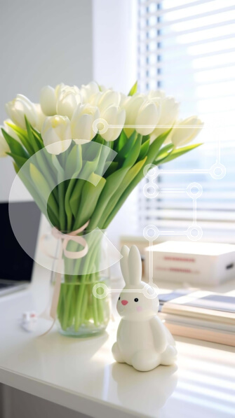 Σετ των 2 Intra Συλλεκτικό Ξύλινο Παζλ Plywood  4mm - Άσπρες τουλίπες και ειδώλιο λαγουδάκι από ανοιχτό παράθυρο Σε Ξύλινο Κουτί - Διαστάσεις: 10x10 cm – 25 κομμάτια