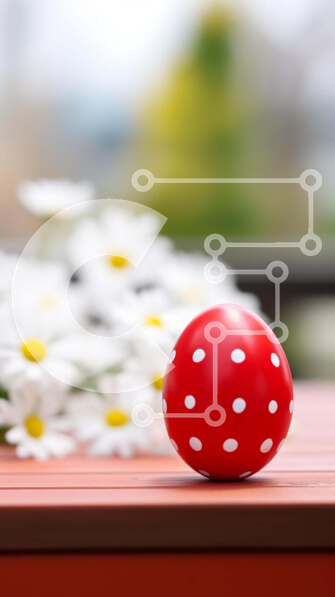 Intra Συλλεκτικό Ξύλινο Παζλ Plywood  4mm - Κόκκινη πουά μπάλα και μαργαρίτες σε ξύλινο τραπέζι Σε Ξύλινο Κουτί - Διαστάσεις Puzzle: 10x10 cm – 25 κομμάτια