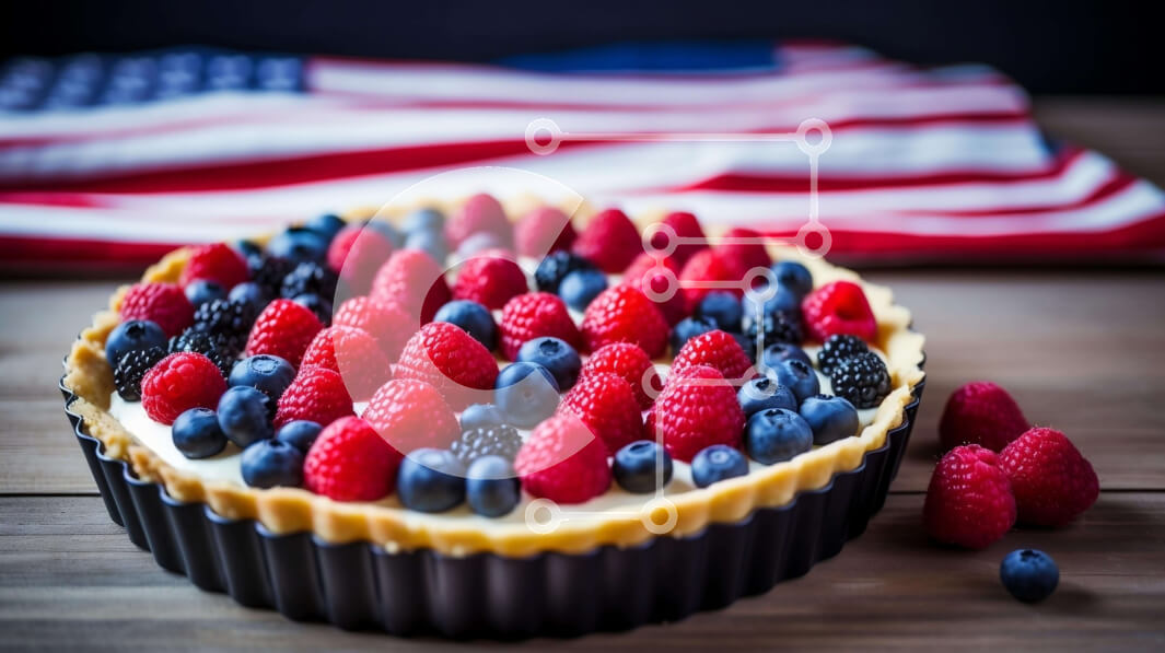 Σετ των 2 Intra Συλλεκτικό Ξύλινο Παζλ Plywood  4mm - Φρέσκια πίτα μούρων με φόντο την αμερικανική σημαία Σε Ξύλινο Κουτί - Διαστάσεις: 10x10 cm – 25 κομμάτια