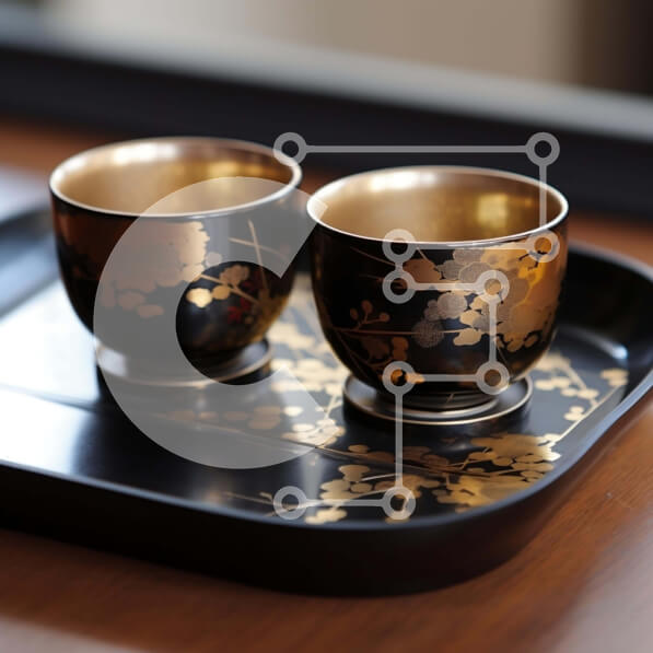 Intra Συλλεκτικό Ξύλινο Παζλ Plywood  4mm - Χρυσά φλιτζάνια τσαγιού και καφέ σε μαύρο δίσκο Σε Ξύλινο Κουτί - Διαστάσεις: 10x10 cm – 25 κομμάτια