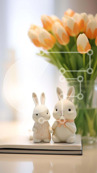 Intra Συλλεκτικό Ξύλινο Παζλ Plywood  4mm - Λευκά ειδώλια λαγουδάκι και ροζ τουλίπες σε ένα άνετο τραπέζι Σε Ξύλινο Κουτί - Διαστάσεις Puzzle: 10x10 cm – 25 κομμάτια