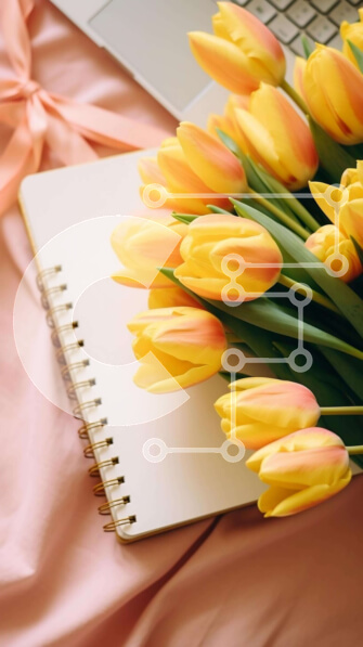 Σετ των 2 Intra Συλλεκτικό Ξύλινο Παζλ Plywood  4mm - Μπουκέτο με κίτρινες τουλίπες με σημειωματάριο και φορητό υπολογιστή Σε Ξύλινο Κουτί - Διαστάσεις: 10x10 cm – 25 κομμάτια