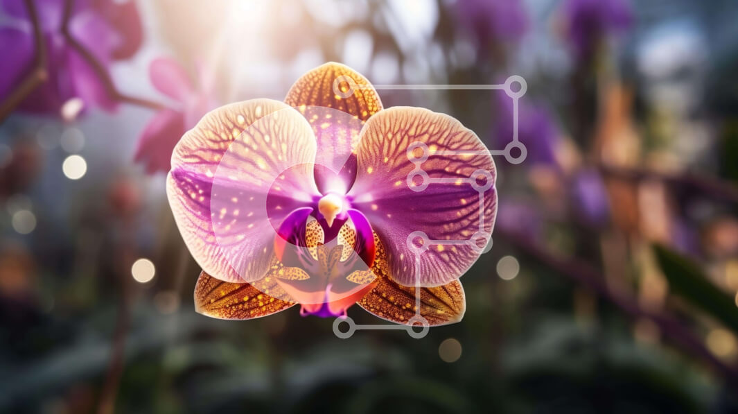 Intra Συλλεκτικό Ξύλινο Παζλ Plywood  4mm - Ανθισμένο λουλούδι ορχιδέας σε ένα χωράφι με μωβ λουλούδια Σε Ξύλινο Κουτί - Διαστάσεις: 10x10 cm – 25 κομμάτια