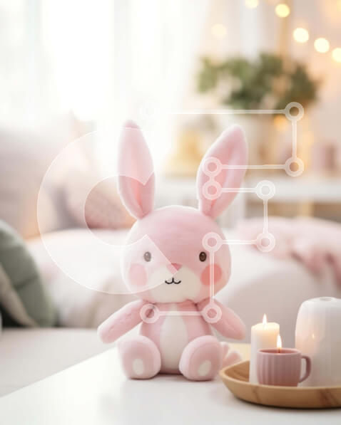 Intra Συλλεκτικό Ξύλινο Παζλ Plywood  4mm - Ζώο με ροζ λαγουδάκι σε άνετο λευκό τραπέζι στο σαλόνι Σε Ξύλινο Κουτί - Διαστάσεις Puzzle: 10x10 cm – 25 κομμάτια