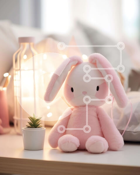 Intra Συλλεκτικό Ξύλινο Παζλ Plywood  4mm - Ροζ λαγουδάκι γεμιστό ζώο σε λευκό τραπέζι Σε Ξύλινο Κουτί - Διαστάσεις: 10x10 cm – 25 κομμάτια