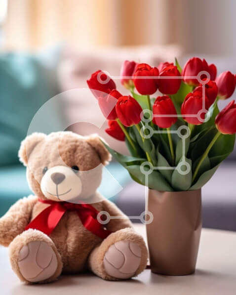 Intra Συλλεκτικό Ξύλινο Παζλ Plywood  4mm - Αρκουδάκι με κόκκινες τουλίπες Σε Ξύλινο Κουτί - Διαστάσεις: 10x10 cm – 25 κομμάτια