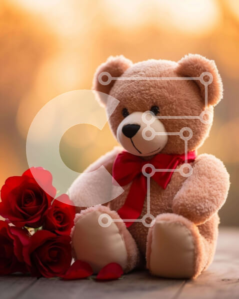 Intra Συλλεκτικό Ξύλινο Παζλ Plywood  4mm - Καφέ αρκουδάκι με κόκκινα τριαντάφυλλα στο βάθος Σε Ξύλινο Κουτί - Διαστάσεις Puzzle: 10x10 cm – 25 κομμάτια