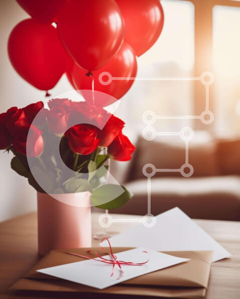 Intra Συλλεκτικό Ξύλινο Παζλ Plywood  4mm - Μπουκέτο του Αγίου Βαλεντίνου με κόκκινα τριαντάφυλλα, μπαλόνια και φάκελο Σε Ξύλινο Κουτί - Διαστάσεις: 10x10 cm – 25 κομμάτια