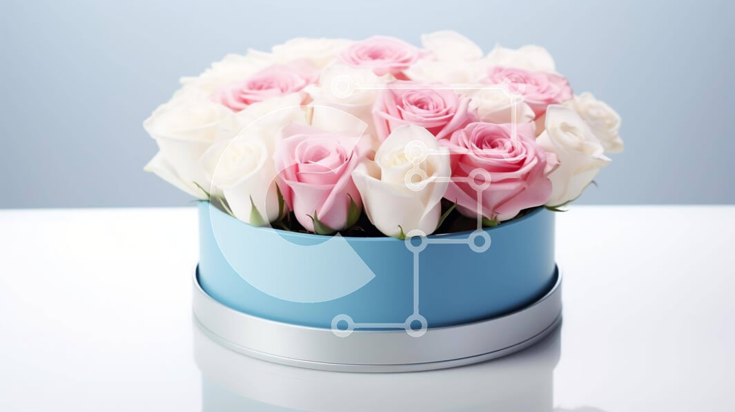 Intra Συλλεκτικό Ξύλινο Παζλ Plywood  4mm - Κομψό μπουκέτο με ροζ και λευκά τριαντάφυλλα σε μπλε δοχείο Σε Ξύλινο Κουτί - Διαστάσεις: 10x10 cm – 25 κομμάτια