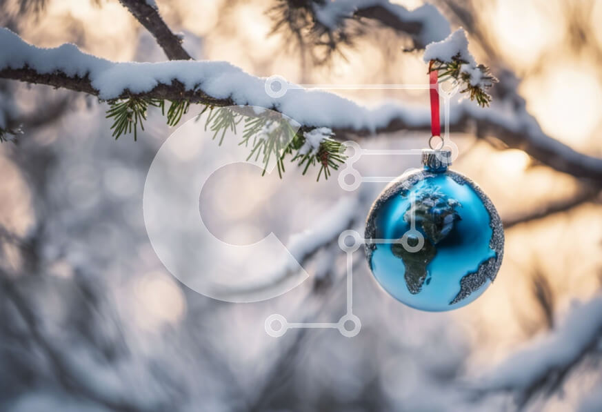 Intra Συλλεκτικό Ξύλινο Παζλ Plywood  4mm - Στολίδι Blue Globe που κρέμεται από κλαδί δέντρου που καλύπτεται από χιόνι Σε Ξύλινο Κουτί - Διαστάσεις: 10x10 cm – 25 κομμάτια