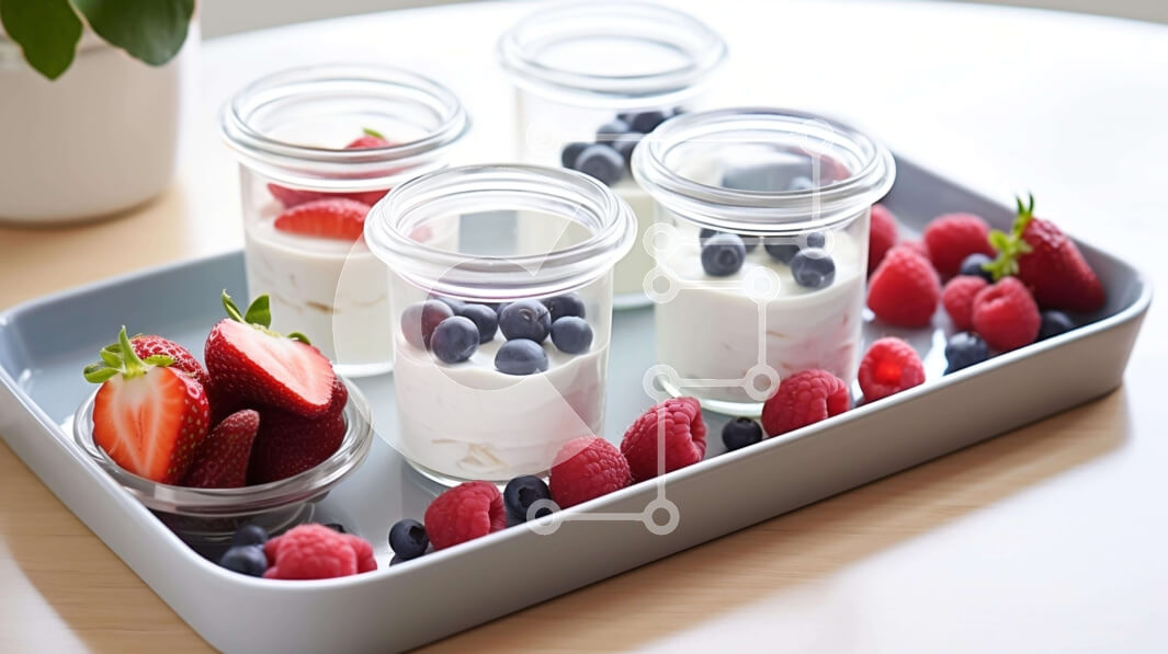 Σετ των 2 Intra Συλλεκτικό Ξύλινο Παζλ Plywood  4mm - Διάφορα φρούτα και γιαούρτι σε δίσκο Σε Ξύλινο Κουτί - Διαστάσεις: 10x10 cm – 25 κομμάτια