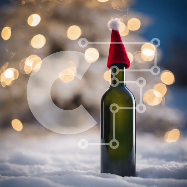 Intra Συλλεκτικό Ξύλινο Παζλ Plywood  4mm - Εορταστικό μπουκάλι κρασιού με καπέλο Άγιου Βασίλη στο χιόνι Σε Ξύλινο Κουτί - Διαστάσεις Puzzle: 10x10 cm – 25 κομμάτια