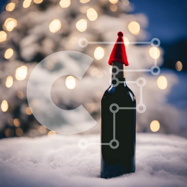 Intra Συλλεκτικό Ξύλινο Παζλ Plywood  4mm - Μπουκάλι μαύρου κρασιού με καπέλο Άγιου Βασίλη στο χιόνι μπροστά από το χριστουγεννιάτικο δέντρο Σε Ξύλινο Κουτί - Διαστάσεις: 10x10 cm – 25 κομμάτια