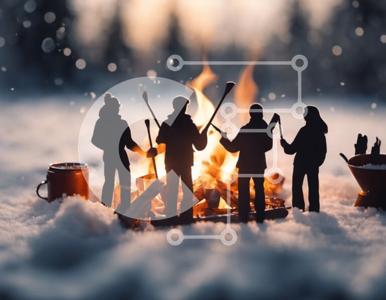 Intra Συλλεκτικό Ξύλινο Παζλ Plywood  4mm - Ομάδα ειδωλίων που συγκεντρώθηκαν γύρω από μια φωτιά στο χιόνι Σε Ξύλινο Κουτί - Διαστάσεις Puzzle: 10x10 cm – 25 κομμάτια