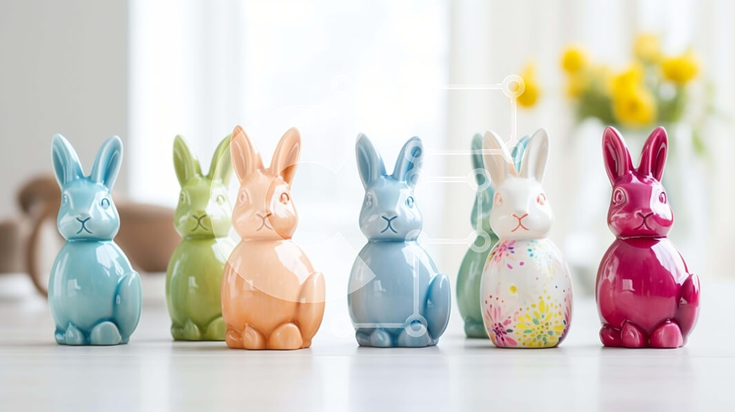 Intra Συλλεκτικό Ξύλινο Παζλ Plywood  4mm - Πολύχρωμα κεραμικά ειδώλια λαγουδάκι στο τραπέζι Σε Ξύλινο Κουτί - Διαστάσεις Puzzle: 10x10 cm – 25 κομμάτια