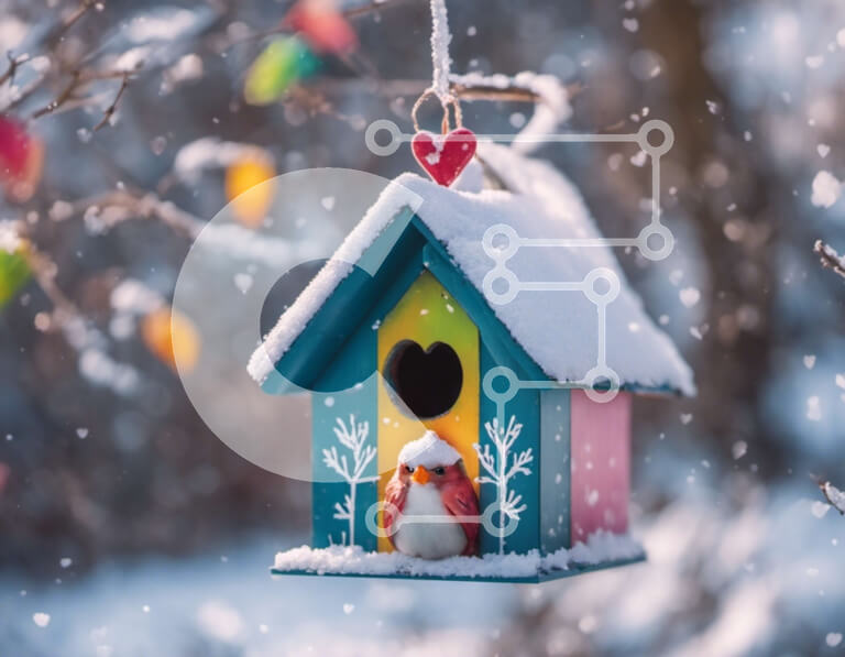 Intra Συλλεκτικό Ξύλινο Παζλ Plywood  4mm - Πολύχρωμο Birdhouse στη χιονισμένη χειμερινή σκηνή Σε Ξύλινο Κουτί - Διαστάσεις: 10x10 cm – 25 κομμάτια