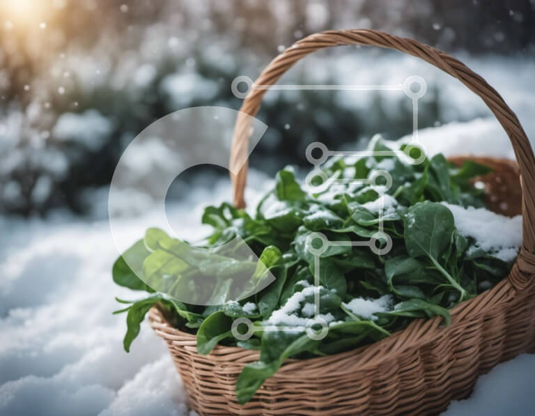 Intra Συλλεκτικό Ξύλινο Παζλ Plywood  4mm - Φύλλα φρέσκου σπανακιού στο ψάθινο καλάθι στο χιόνι Σε Ξύλινο Κουτί - Διαστάσεις: 10x10 cm – 25 κομμάτια