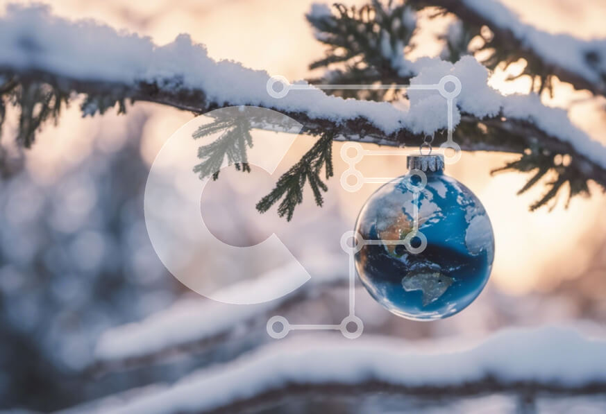 Intra Συλλεκτικό Ξύλινο Παζλ Plywood  4mm - Χιονισμένο κλαδί δέντρου με στολίδι με γήινη σφαίρα Σε Ξύλινο Κουτί - Διαστάσεις Puzzle: 10x10 cm – 25 κομμάτια