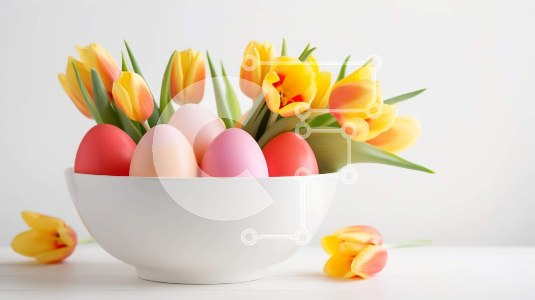 Intra Συλλεκτικό Ξύλινο Παζλ Plywood  4mm - Πολύχρωμα Πασχαλινά αυγά και ανοιξιάτικα λουλούδια σε ένα λευκό μπολ Σε Ξύλινο Κουτί - Διαστάσεις: 10x10 cm – 25 κομμάτια