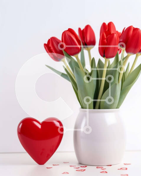 Intra Συλλεκτικό Ξύλινο Παζλ Plywood  4mm - Κόκκινες τουλίπες σε λευκό βάζο με αντικείμενο σε σχήμα καρδιάς Σε Ξύλινο Κουτί - Διαστάσεις Puzzle: 10x10 cm – 25 κομμάτια