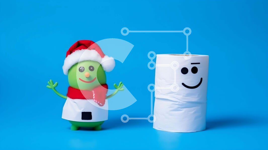 Intra Συλλεκτικό Ξύλινο Παζλ Plywood  4mm - Πράσινο μπιζέλι με καπέλο Santa και άδειο ρολό χαρτιού υγείας σε μπλε φόντο Σε Ξύλινο Κουτί - Διαστάσεις Puzzle: 10x10 cm – 25 κομμάτια