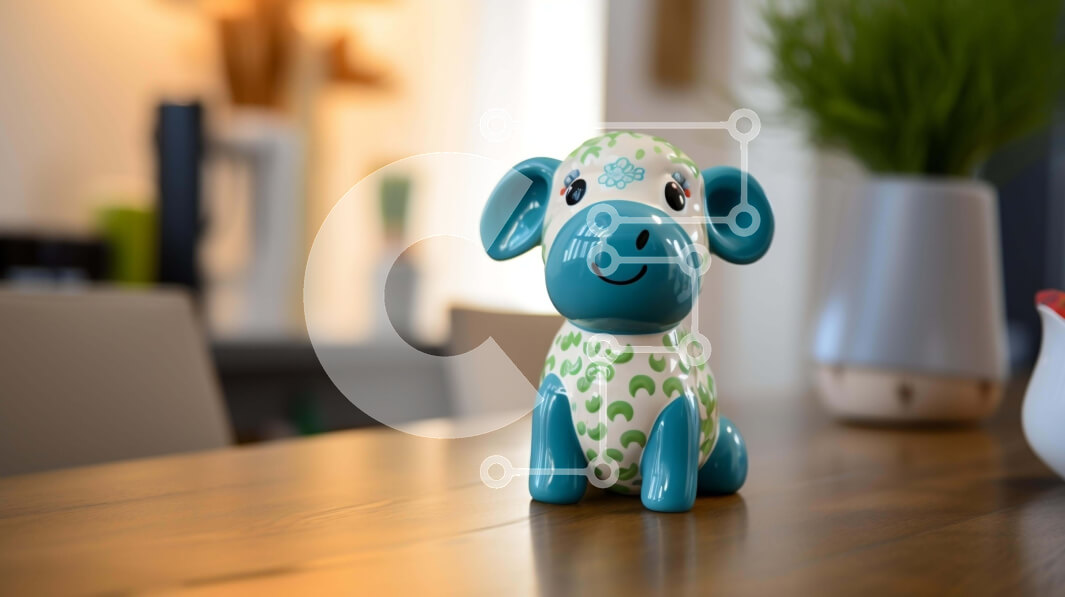 Intra Συλλεκτικό Ξύλινο Παζλ Plywood  4mm - Μπλε και άσπρο ειδώλιο σκυλιών παιχνιδιών στο τραπέζι με φυτά σε γλάστρες Σε Ξύλινο Κουτί - Διαστάσεις: 10x10 cm – 25 κομμάτια