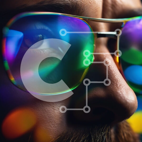 Σετ των 2 Intra Συλλεκτικό Ξύλινο Παζλ Plywood  4mm - Κοντινό πλάνο ενός άνδρα που φορά πολύχρωμα γυαλιά ηλίου Σε Ξύλινο Κουτί - Διαστάσεις: 10x10 cm – 25 κομμάτια