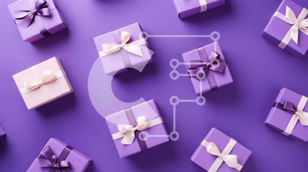 Intra Συλλεκτικό Ξύλινο Παζλ Plywood  4mm - Μωβ κουτιά δώρων σε μωβ φόντο με λευκές κορδέλες και φιόγκους Σε Ξύλινο Κουτί - Διαστάσεις Puzzle: 10x10 cm – 25 κομμάτια