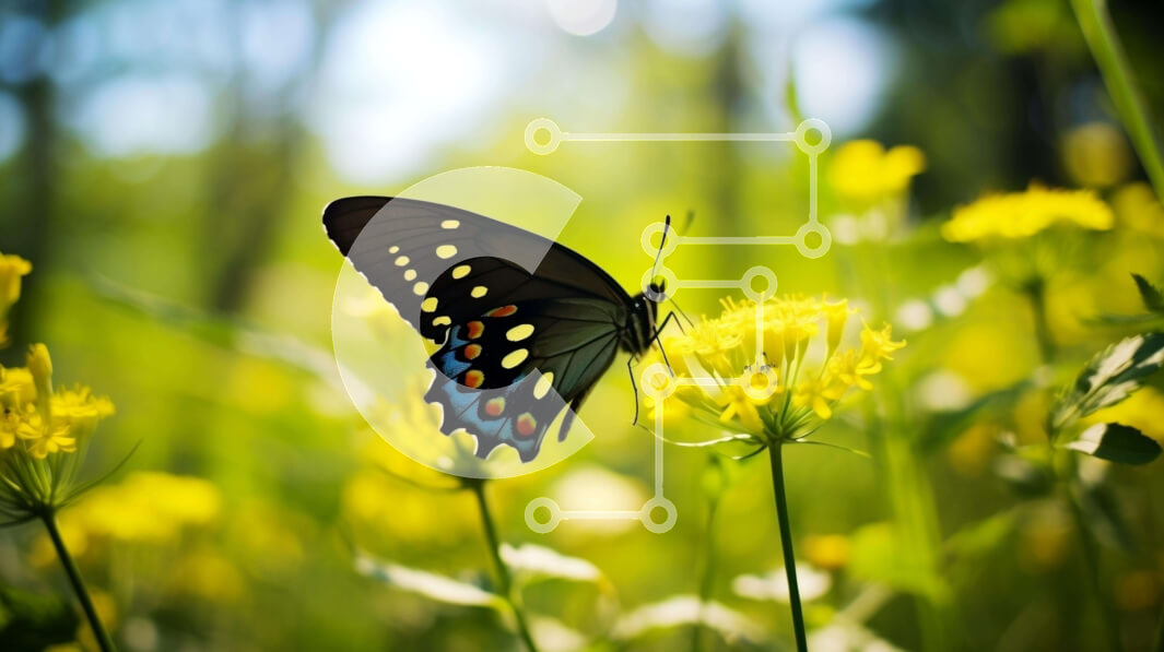 Intra Συλλεκτικό Ξύλινο Παζλ Plywood  4mm - Μαύρη πεταλούδα στα κίτρινα λουλούδια στο δάσος Σε Ξύλινο Κουτί - Διαστάσεις: 10x10 cm – 25 κομμάτια