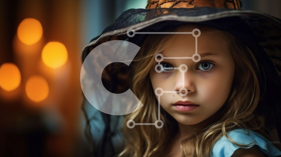 Intra Συλλεκτικό Ξύλινο Παζλ Plywood  4mm - Αξιολάτρευτο νεαρό κορίτσι ντυμένο μάγισσα με μεγάλα μπλε μάτια Σε Ξύλινο Κουτί - Διαστάσεις Puzzle: 10x10 cm – 25 κομμάτια