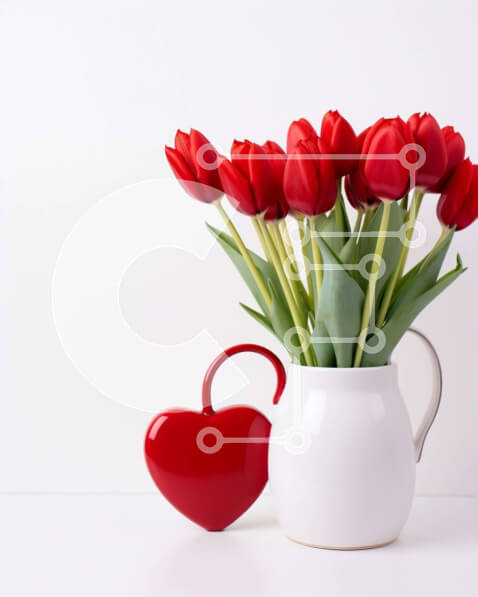 Intra Συλλεκτικό Ξύλινο Παζλ Plywood  4mm - Λευκή στάμνα με κόκκινες τουλίπες και βάζο σε σχήμα καρδιάς στο τραπέζι Σε Ξύλινο Κουτί - Διαστάσεις Puzzle: 10x10 cm – 25 κομμάτια