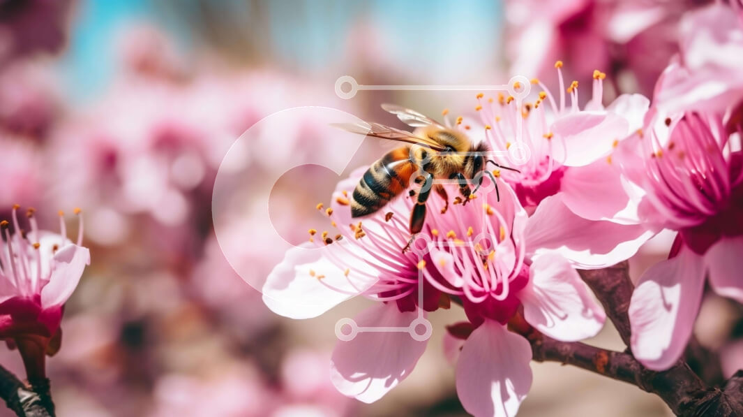 Intra Συλλεκτικό Ξύλινο Παζλ Plywood  4mm - Η μέλισσα τρέφεται με ροζ άνθη αμυγδάλου Σε Ξύλινο Κουτί - Διαστάσεις: 10x10 cm – 25 κομμάτια