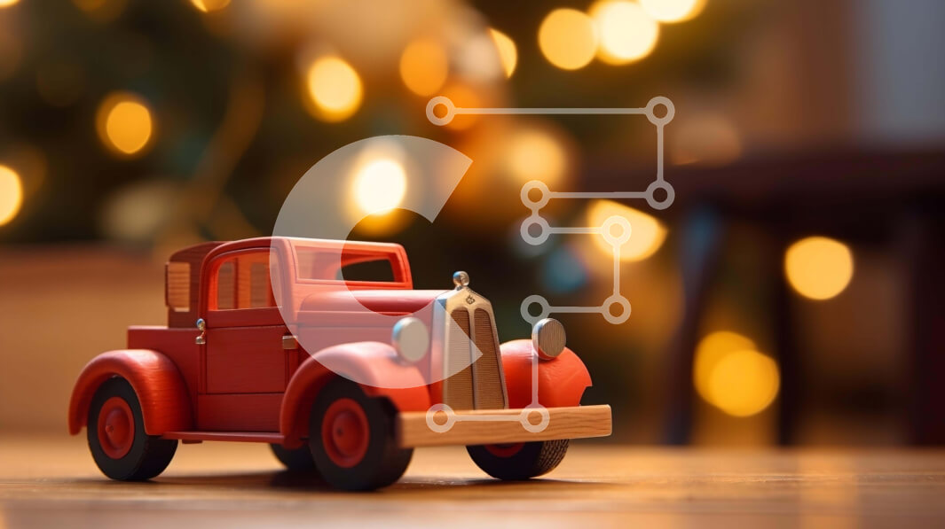 Intra Συλλεκτικό Ξύλινο Παζλ Plywood  4mm - Κόκκινο φορτηγό παιχνίδι σε ξύλινο τραπέζι με φωτισμένο χριστουγεννιάτικο δέντρο Σε Ξύλινο Κουτί - Διαστάσεις Puzzle: 10x10 cm – 25 κομμάτια