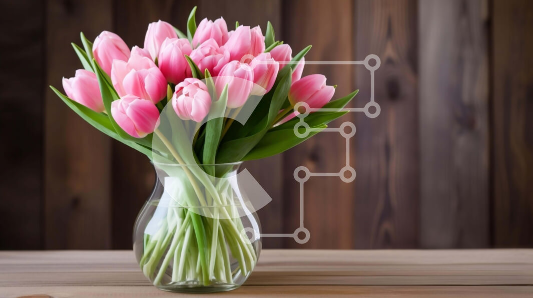 Intra Συλλεκτικό Ξύλινο Παζλ Plywood  4mm - Ροζ τουλίπες σε διαφανές γυάλινο βάζο σε ξύλινο τραπέζι Σε Ξύλινο Κουτί - Διαστάσεις: 10x10 cm – 25 κομμάτια