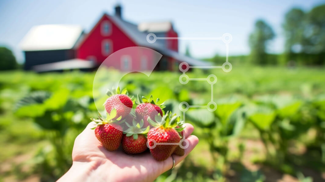 Σετ των 2 Intra Συλλεκτικό Ξύλινο Παζλ Plywood  4mm - Χέρι που κρατά τις φρέσκες φράουλες μπροστά από μια κόκκινη σιταποθήκη Σε Ξύλινο Κουτί - Διαστάσεις: 10x10 cm – 25 κομμάτια