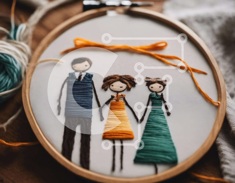 Intra Συλλεκτικό Ξύλινο Παζλ Plywood  4mm - Κέντημα τσέρκι με οικογενειακό πορτρέτο και κλωστές Σε Ξύλινο Κουτί - Διαστάσεις Puzzle: 10x10 cm – 25 κομμάτια