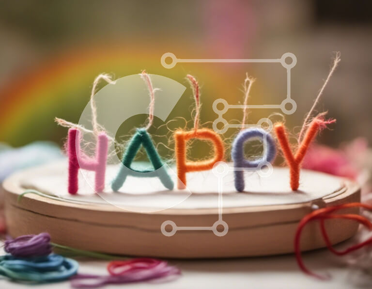 Intra Συλλεκτικό Ξύλινο Παζλ Plywood  4mm - Πολύχρωμο κερί από νήματα με τη λέξη 'Happy' σε ένα στεφάνι κεντήματος Σε Ξύλινο Κουτί - Διαστάσεις Puzzle: 10x10 cm – 25 κομμάτια