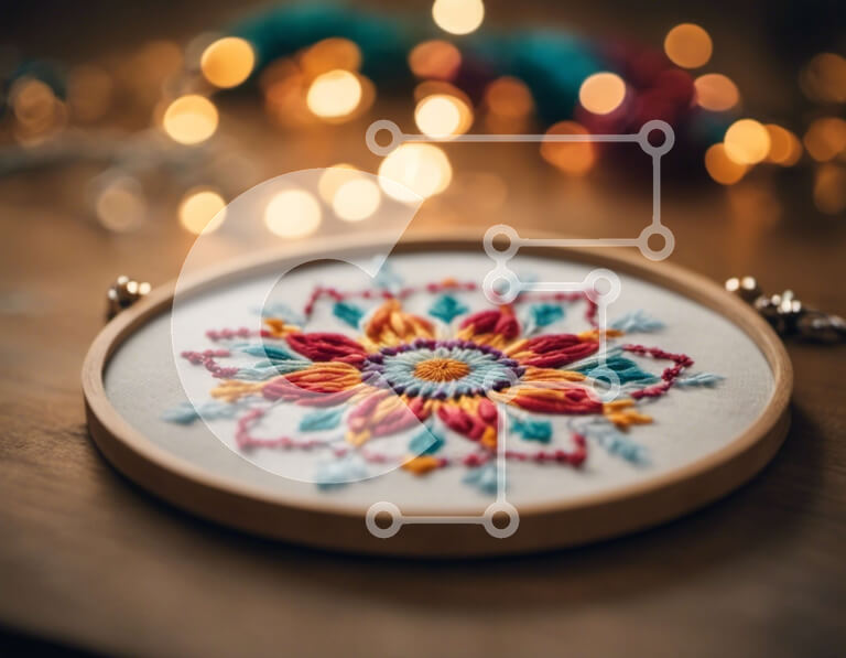 Intra Συλλεκτικό Ξύλινο Παζλ Plywood  4mm - Πολύχρωμο λουλούδι κέντημα τσέρκι σε ξύλινο τραπέζι Σε Ξύλινο Κουτί - Διαστάσεις Puzzle: 10x10 cm – 25 κομμάτια