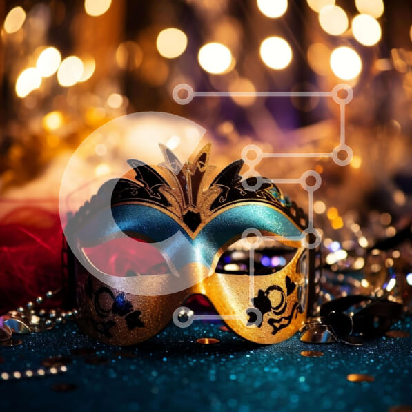 Intra Συλλεκτικό Ξύλινο Παζλ Plywood  4mm - Μπλε και χρυσή μάσκα μεταμφίεσης σε φόντο επιτραπέζιου Σε Ξύλινο Κουτί - Διαστάσεις Puzzle: 10x10 cm – 25 κομμάτια