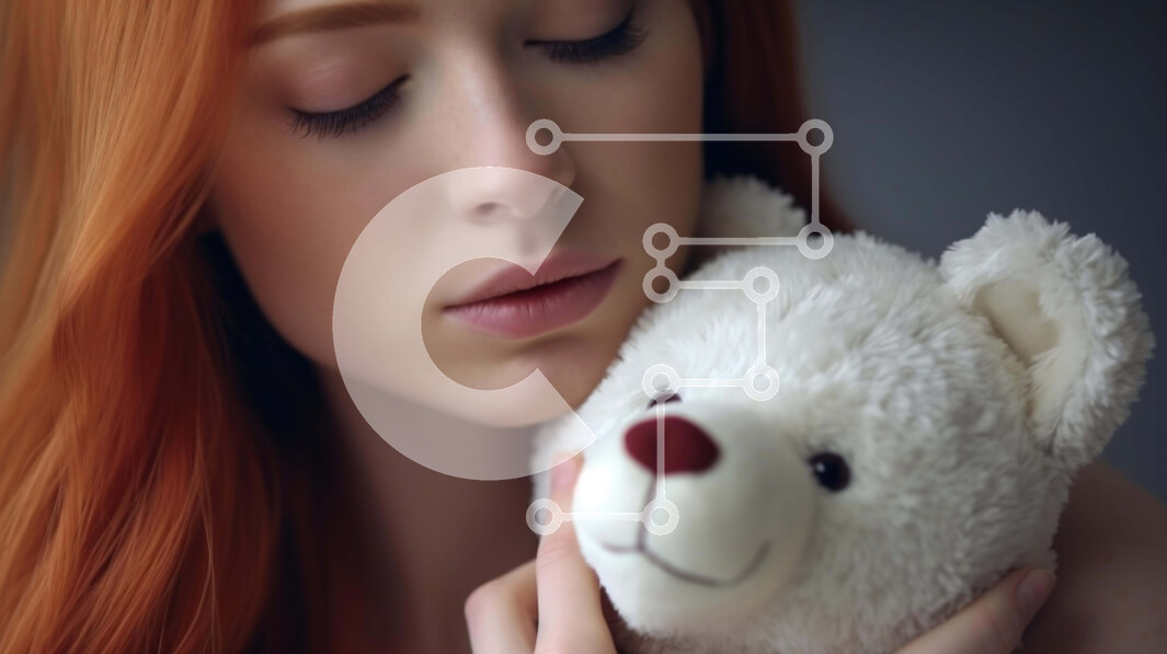 Intra Συλλεκτικό Ξύλινο Παζλ Plywood  4mm - Νεαρή γυναίκα που κρατά το πορτοκαλί αρκουδάκι Σε Ξύλινο Κουτί - Διαστάσεις Puzzle: 10x10 cm – 25 κομμάτια