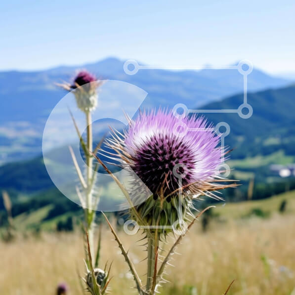 Intra Συλλεκτικό Ξύλινο Παζλ Plywood  4mm - Μωβ λουλούδι γαϊδουράγκαθου ενάντια σε βουνά και λόφους Σε Ξύλινο Κουτί - Διαστάσεις: 10x10 cm – 25 κομμάτια