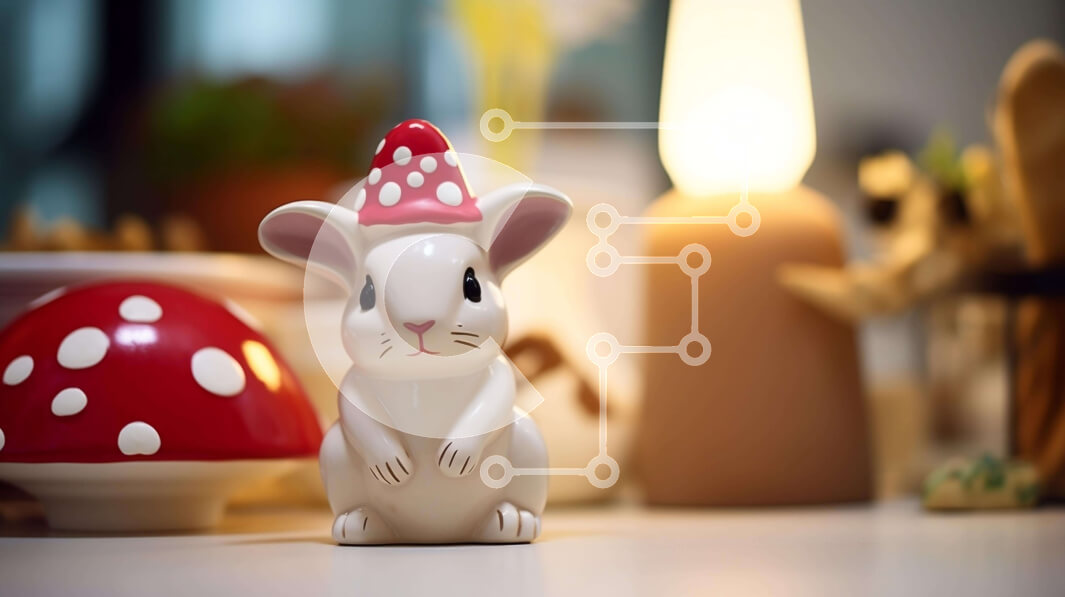 Intra Συλλεκτικό Ξύλινο Παζλ Plywood  4mm - Λευκό ειδώλιο λαγουδάκι με μανιτάρια και αντικείμενα με θέμα το πάρτι Σε Ξύλινο Κουτί - Διαστάσεις Puzzle: 10x10 cm – 25 κομμάτια