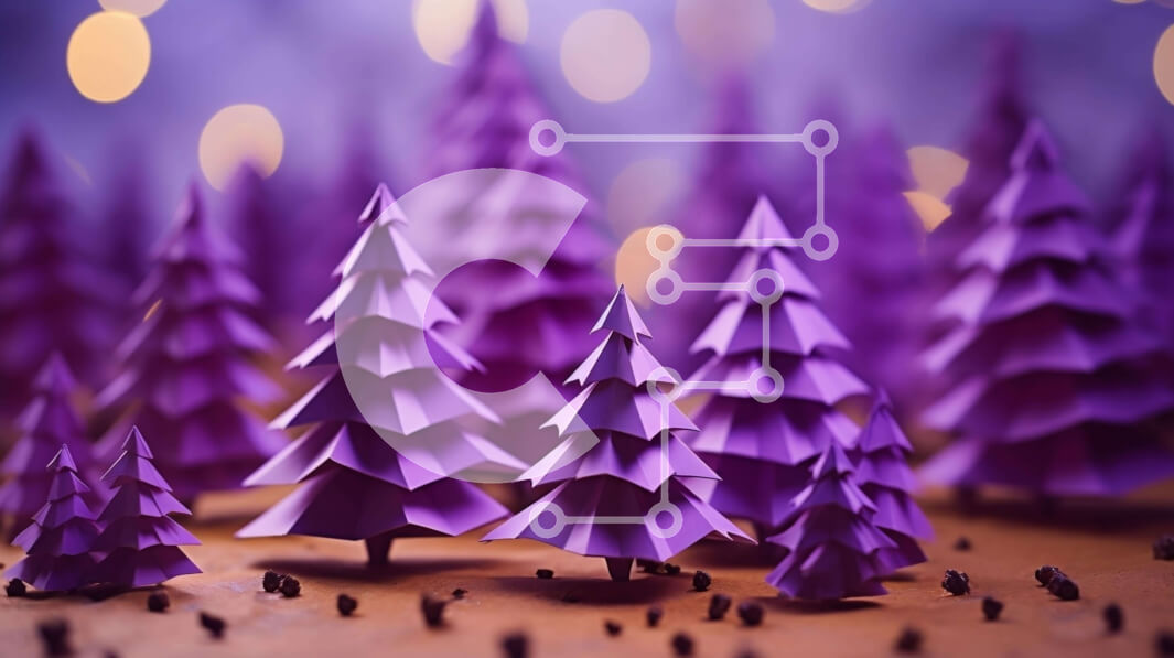 Intra Συλλεκτικό Ξύλινο Παζλ Plywood  4mm - Μωβ χριστουγεννιάτικα δέντρα Origami σε τεχνητό δάσος Σε Ξύλινο Κουτί - Διαστάσεις Puzzle: 10x10 cm – 25 κομμάτια