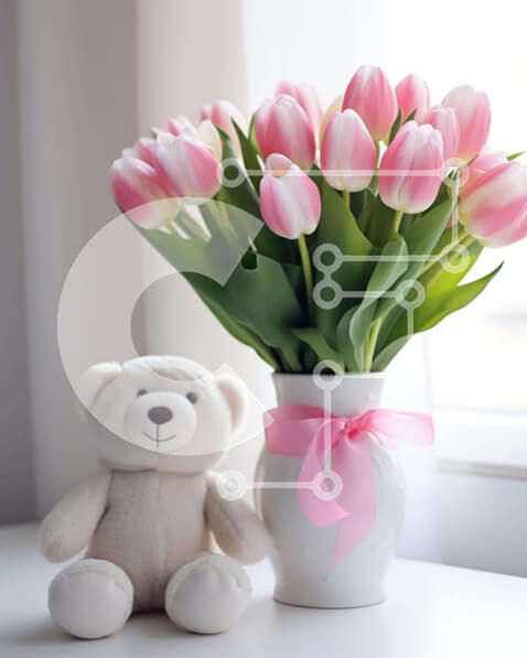 Intra Συλλεκτικό Ξύλινο Παζλ Plywood  4mm - Ροζ τουλίπες σε βάζο με αρκουδάκι Σε Ξύλινο Κουτί - Διαστάσεις: 10x10 cm – 25 κομμάτια